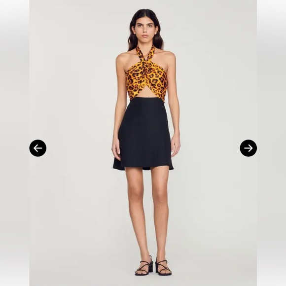 SANDRO Paris Ruched Halter Linen Blend Mini Dress with Leopard Animal Print - Picture 2 of 10